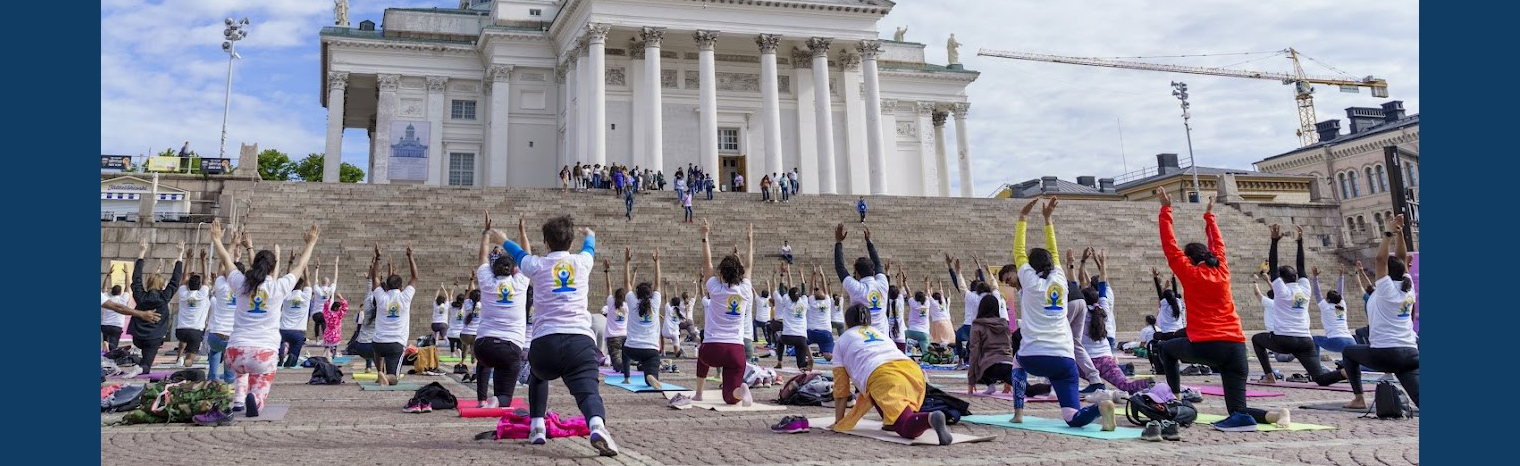 Celebrating 11th International Yoga Day 2025 at Senate Square in front of Iconic Helsinki Cathedral.